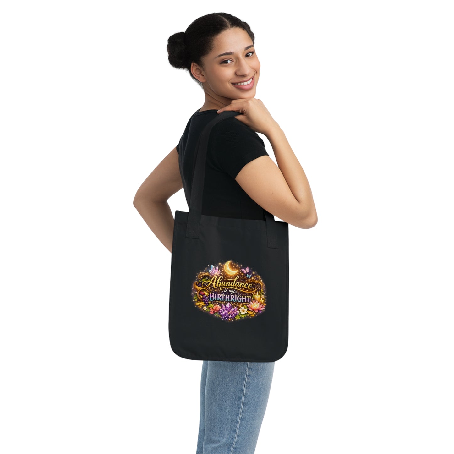 Tote Bag — "Abundance is My Birthright" Floral Moon Organic Canvas Tote