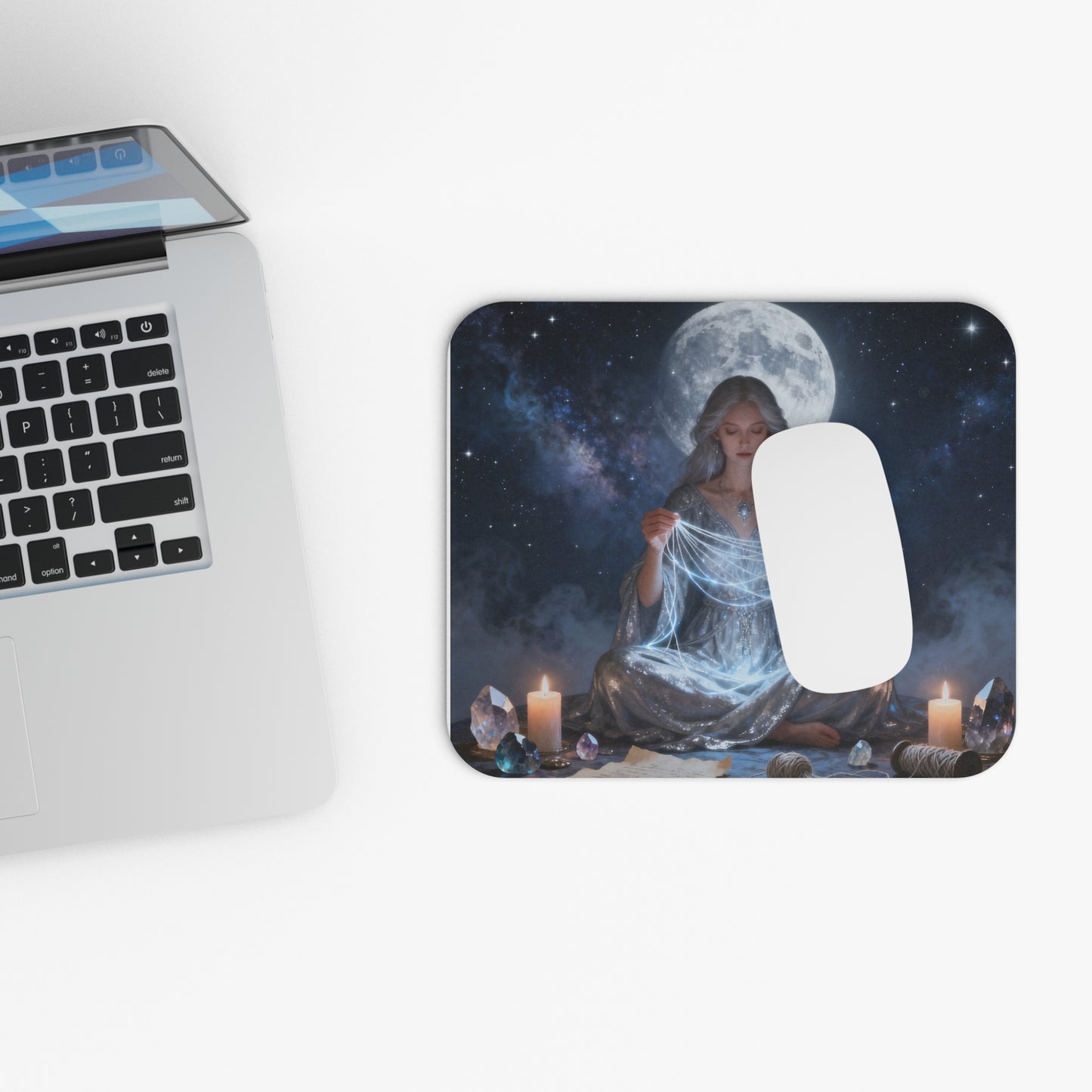 Mystic Moon Sacred Weaver Mouse Pad — Celestial Witchcraft Desk Mat with Crystals & Candles