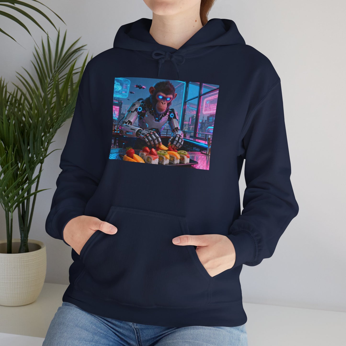 Cyberpunk Sushi Chef Hoodie — Neon Retro Streetwear Pullover