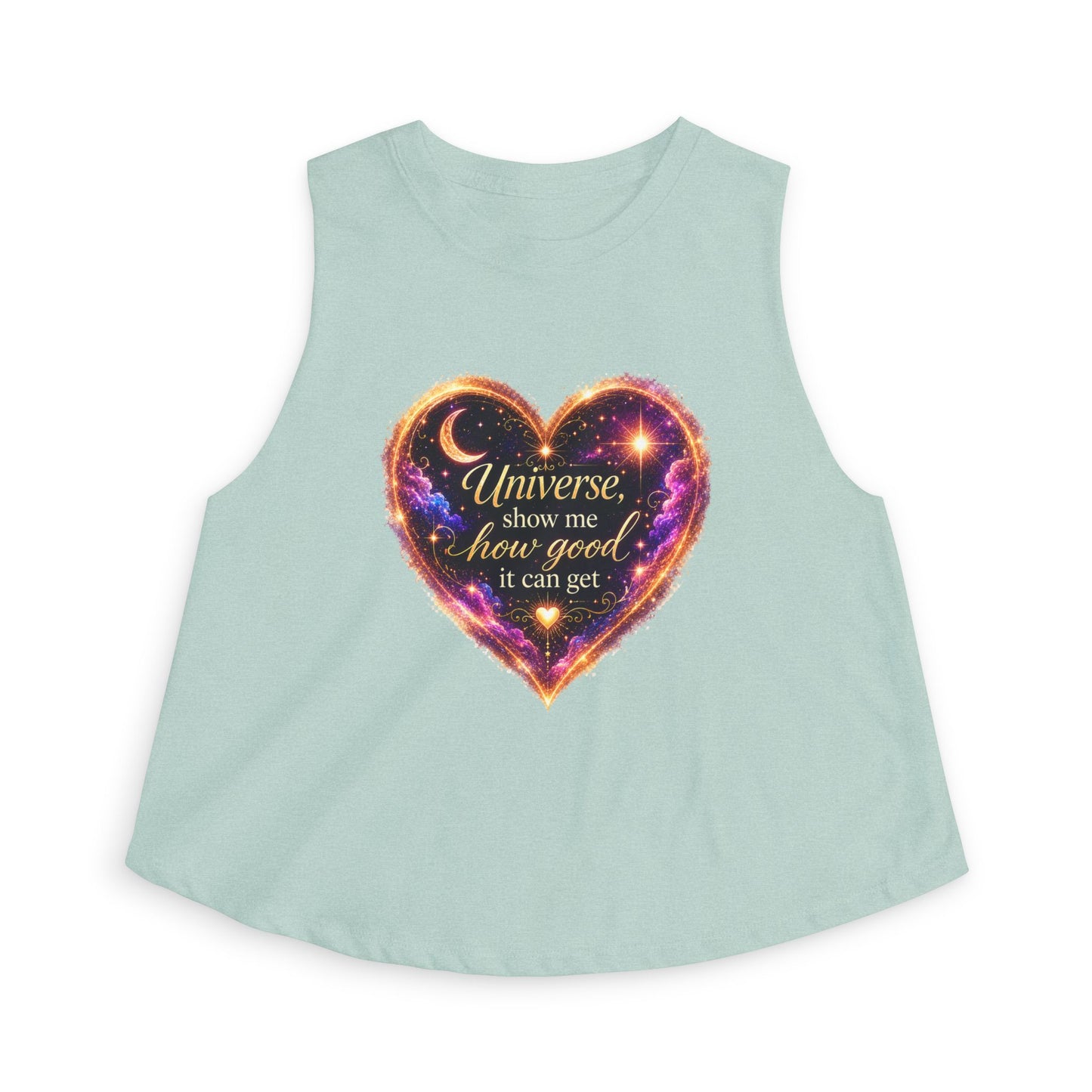 Astro Heart Crop Top — "Universe show me how good it can get" Spiritual Graphic Tank