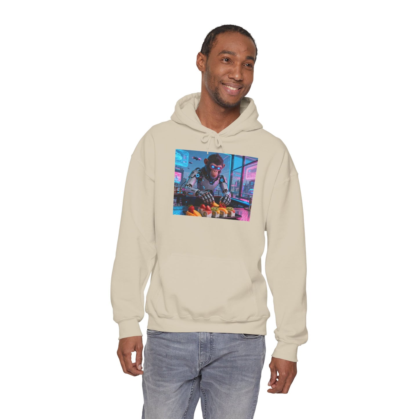 Cyberpunk Sushi Chef Hoodie — Neon Retro Streetwear Pullover