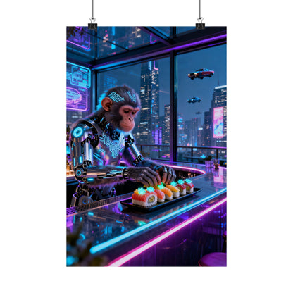 Cyberpunk Robot Monkey Chef Poster — Neon City Sushi Matte Vertical Print