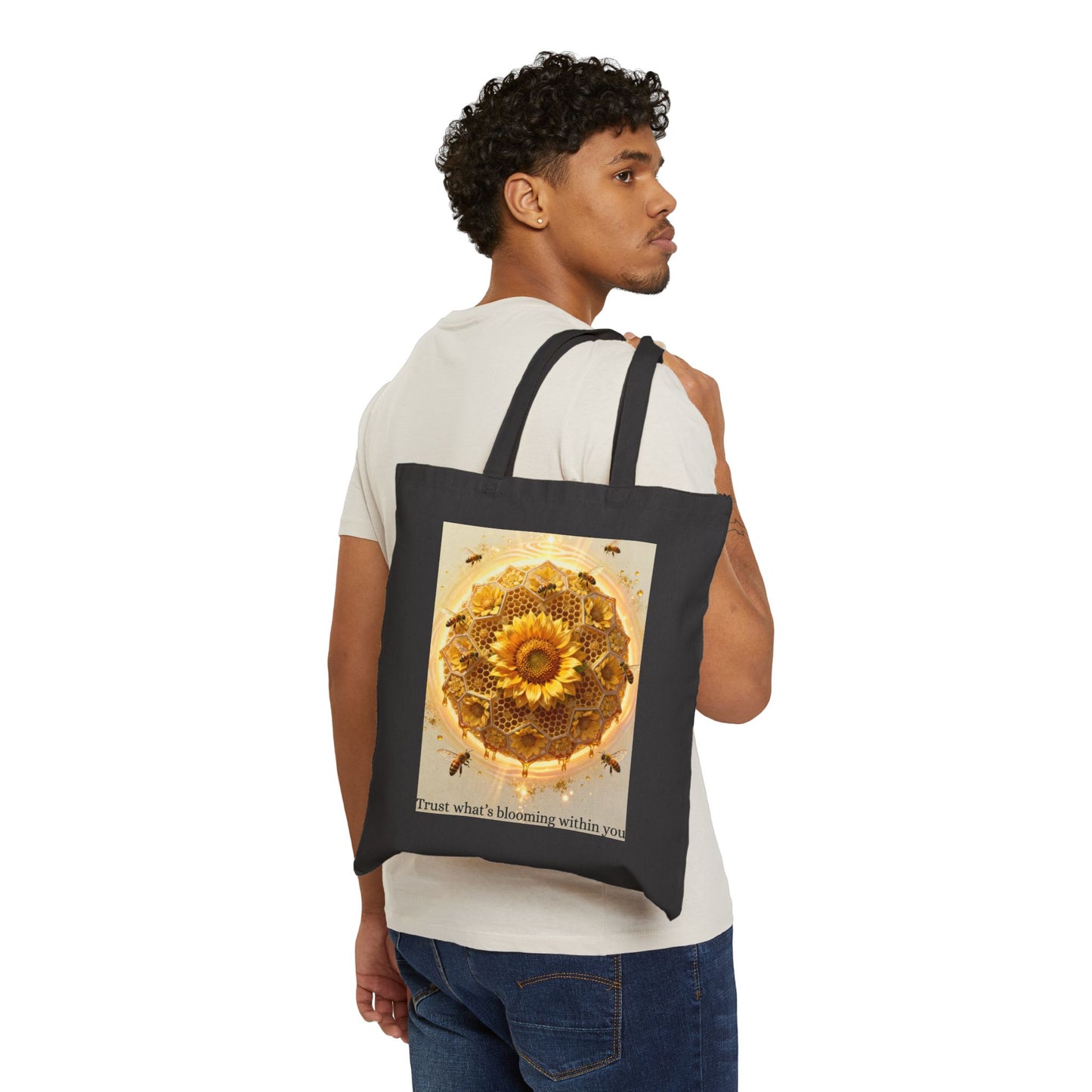 Sunflower Honey Mandala Tote Bag — "Trust what's blooming within you" Cotton Canvas Tote