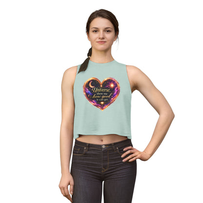 Astro Heart Crop Top — "Universe show me how good it can get" Spiritual Graphic Tank