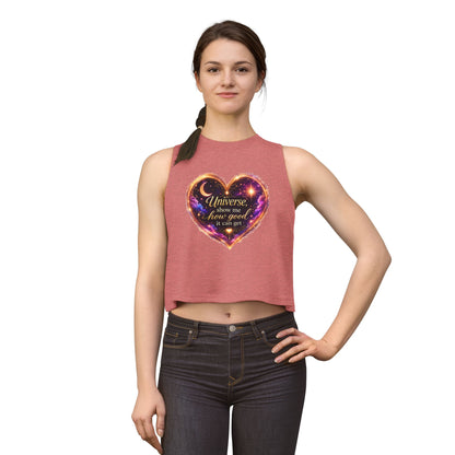 Astro Heart Crop Top — "Universe show me how good it can get" Spiritual Graphic Tank