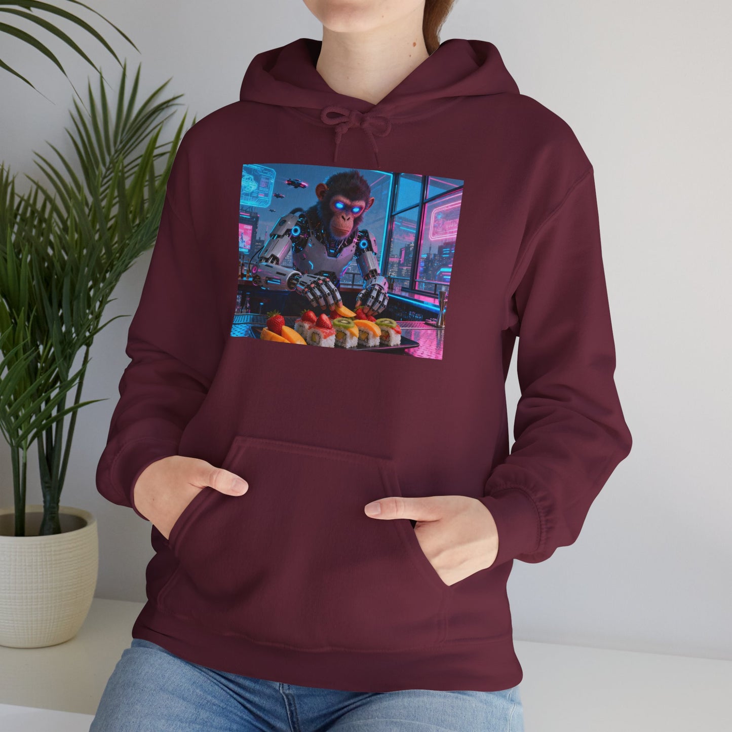 Cyberpunk Sushi Chef Hoodie — Neon Retro Streetwear Pullover