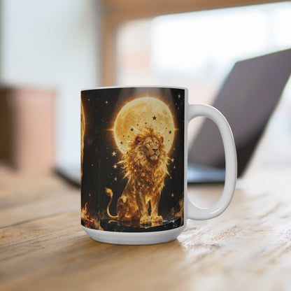 Golden Leo Mug — Celestial Lion 15oz Coffee Cup