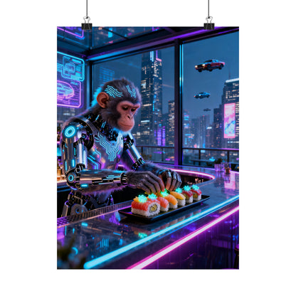 Cyberpunk Robot Monkey Chef Poster — Neon City Sushi Matte Vertical Print