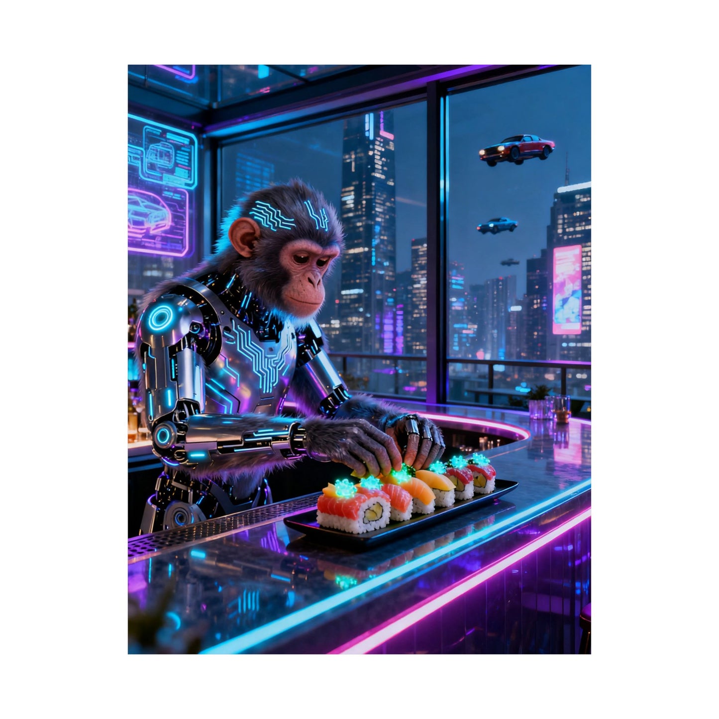 Cyberpunk Robot Monkey Chef Poster — Neon City Sushi Matte Vertical Print