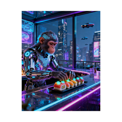 Cyberpunk Robot Monkey Chef Poster — Neon City Sushi Matte Vertical Print