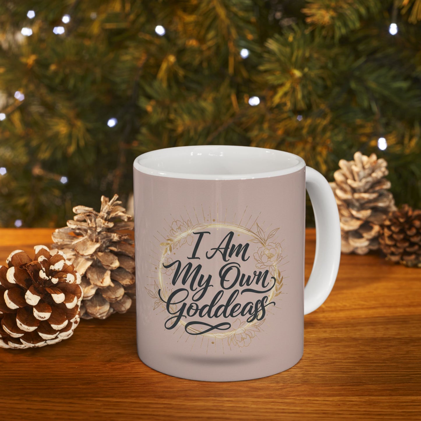 Inspirational Ceramic Mug – "I Am My Own Goddess" Script Floral Design (11oz, 15oz)