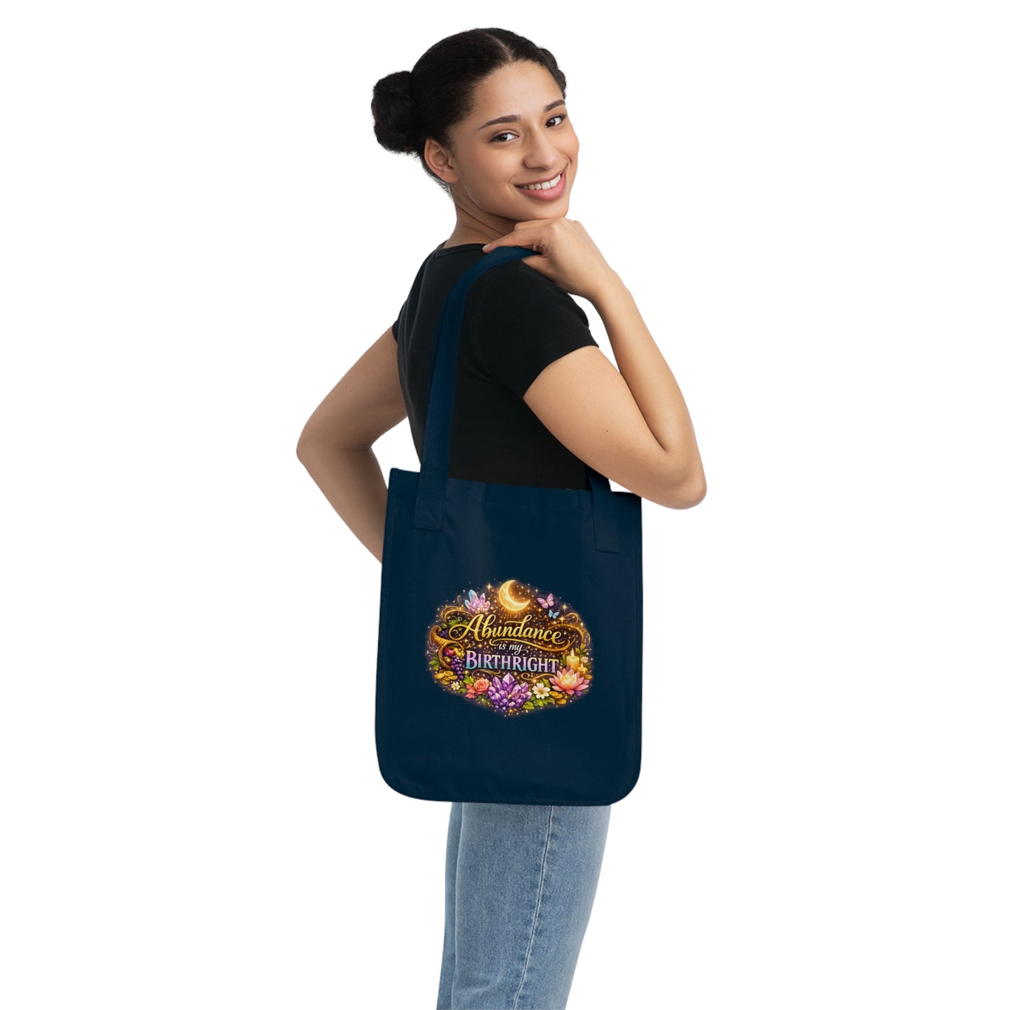 Tote Bag — "Abundance is My Birthright" Floral Moon Organic Canvas Tote