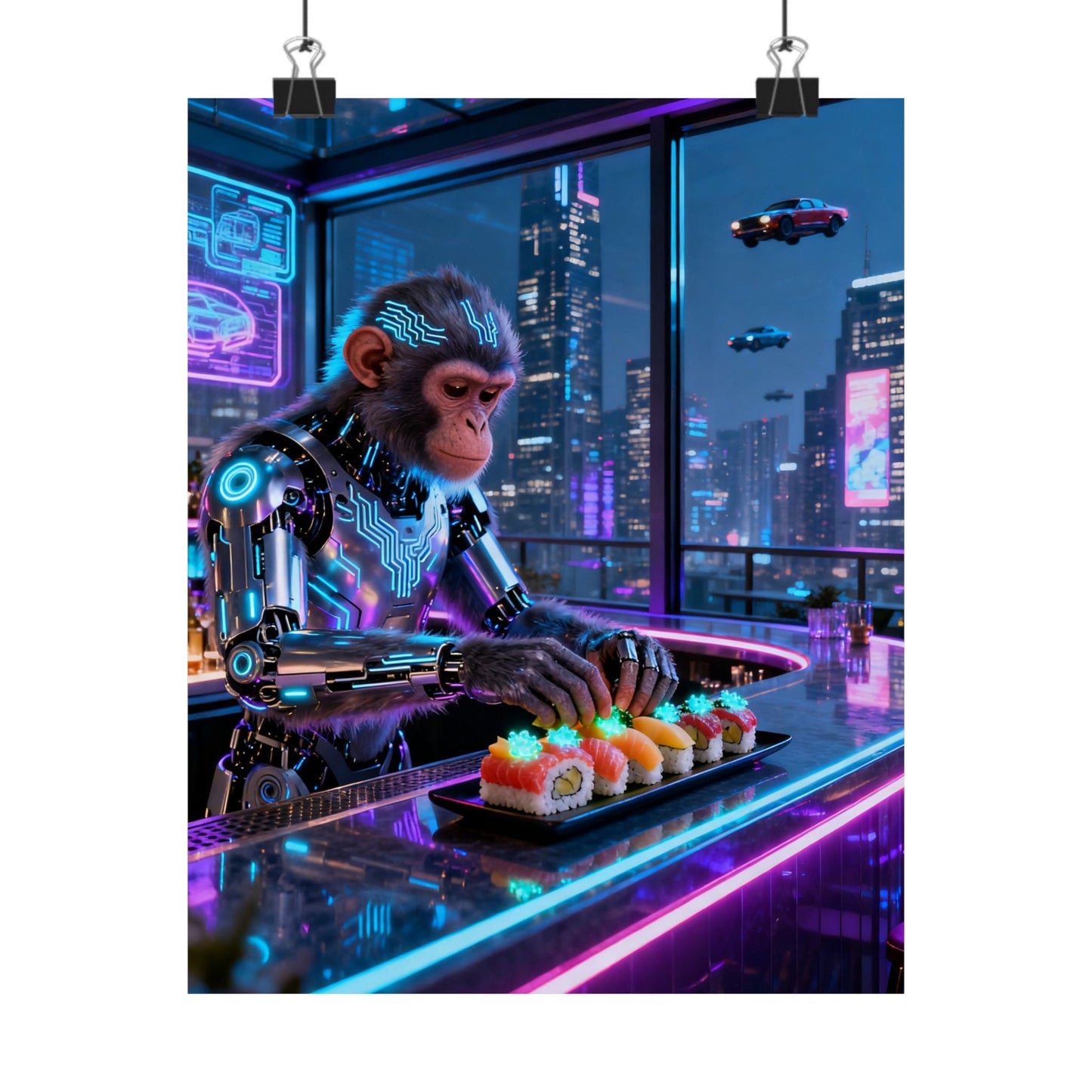 Cyberpunk Robot Monkey Chef Poster — Neon City Sushi Matte Vertical Print