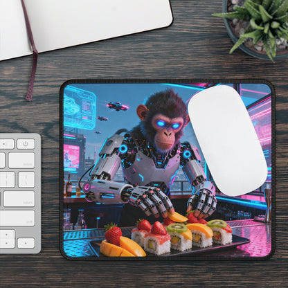 Cyberpunk Robot Monkey Sushi Chef Gaming Mouse Pad — Neon Sushi Arcade Bar Vibe