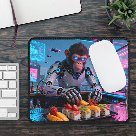 Cyberpunk Robot Monkey Sushi Chef Gaming Mouse Pad — Neon Sushi Arcade Bar Vibe