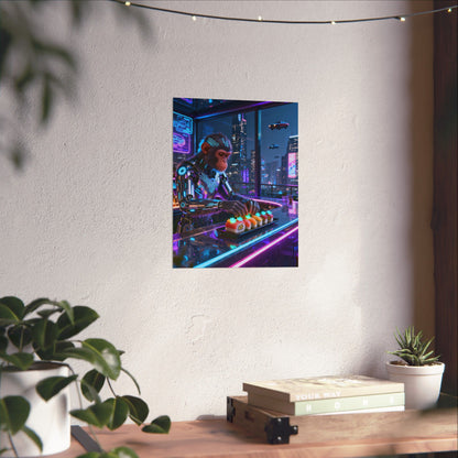 Cyberpunk Robot Monkey Chef Poster — Neon City Sushi Matte Vertical Print