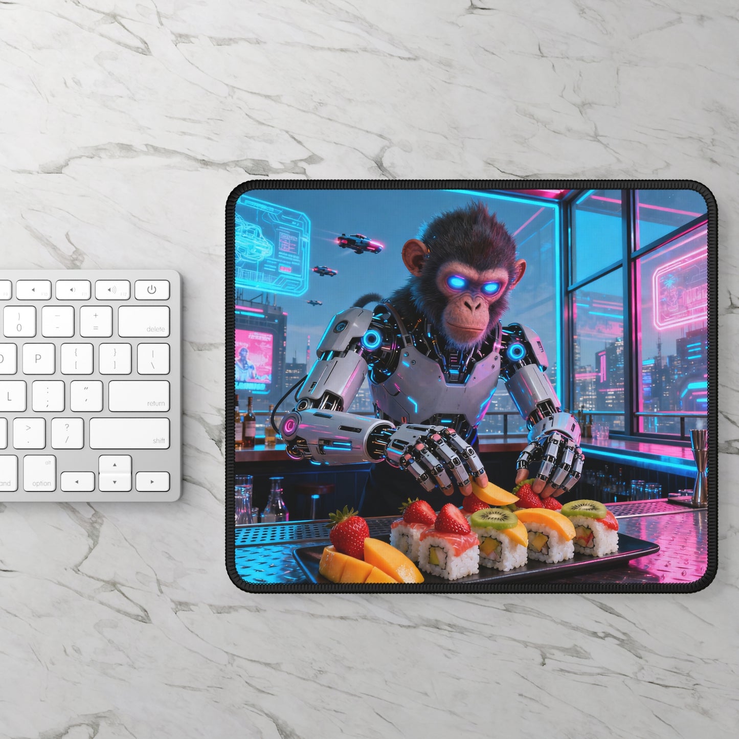 Cyberpunk Robot Monkey Sushi Chef Gaming Mouse Pad — Neon Sushi Arcade Bar Vibe