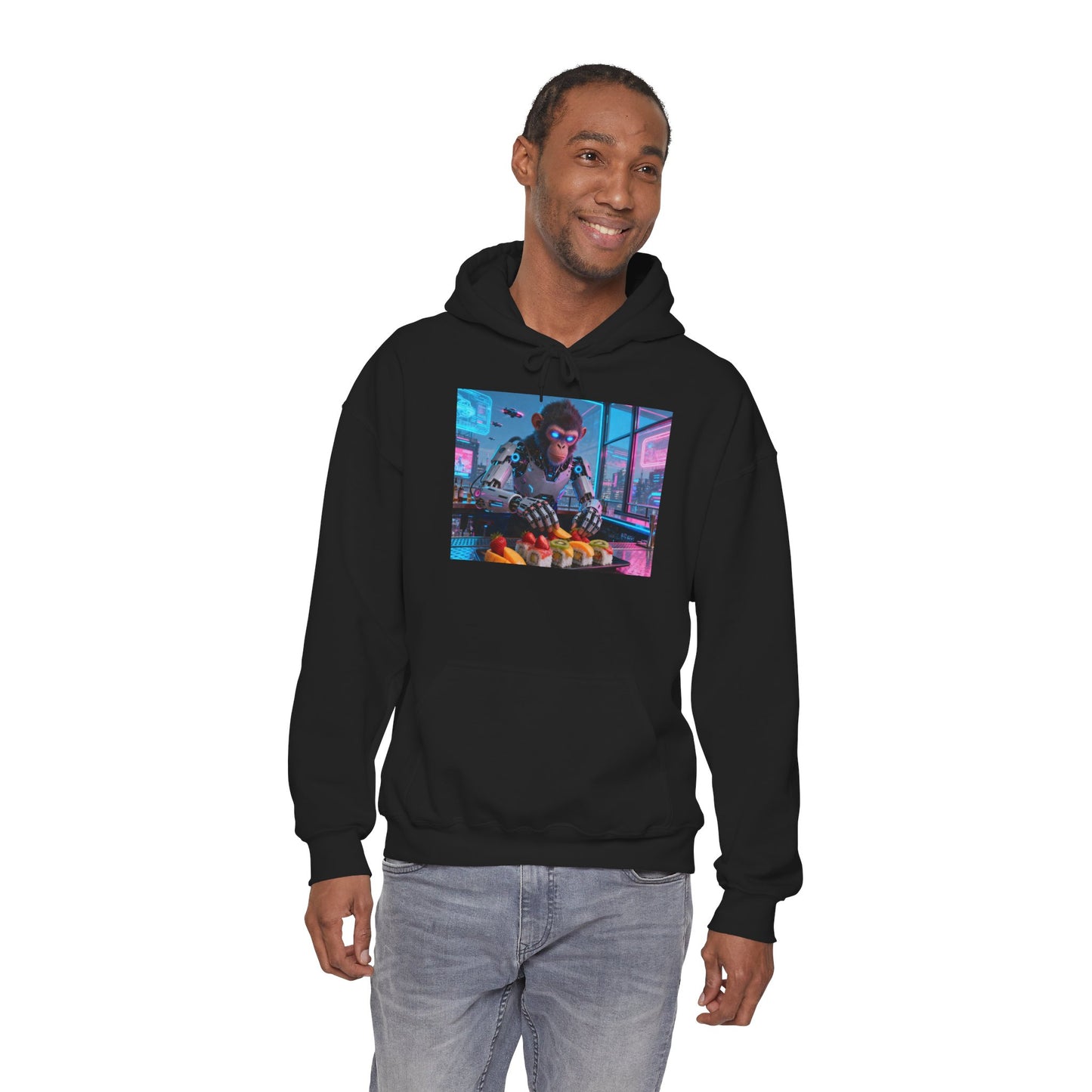 Cyberpunk Sushi Chef Hoodie — Neon Retro Streetwear Pullover