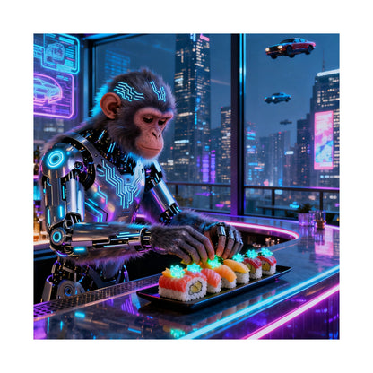 Cyberpunk Robot Monkey Chef Poster — Neon City Sushi Matte Vertical Print