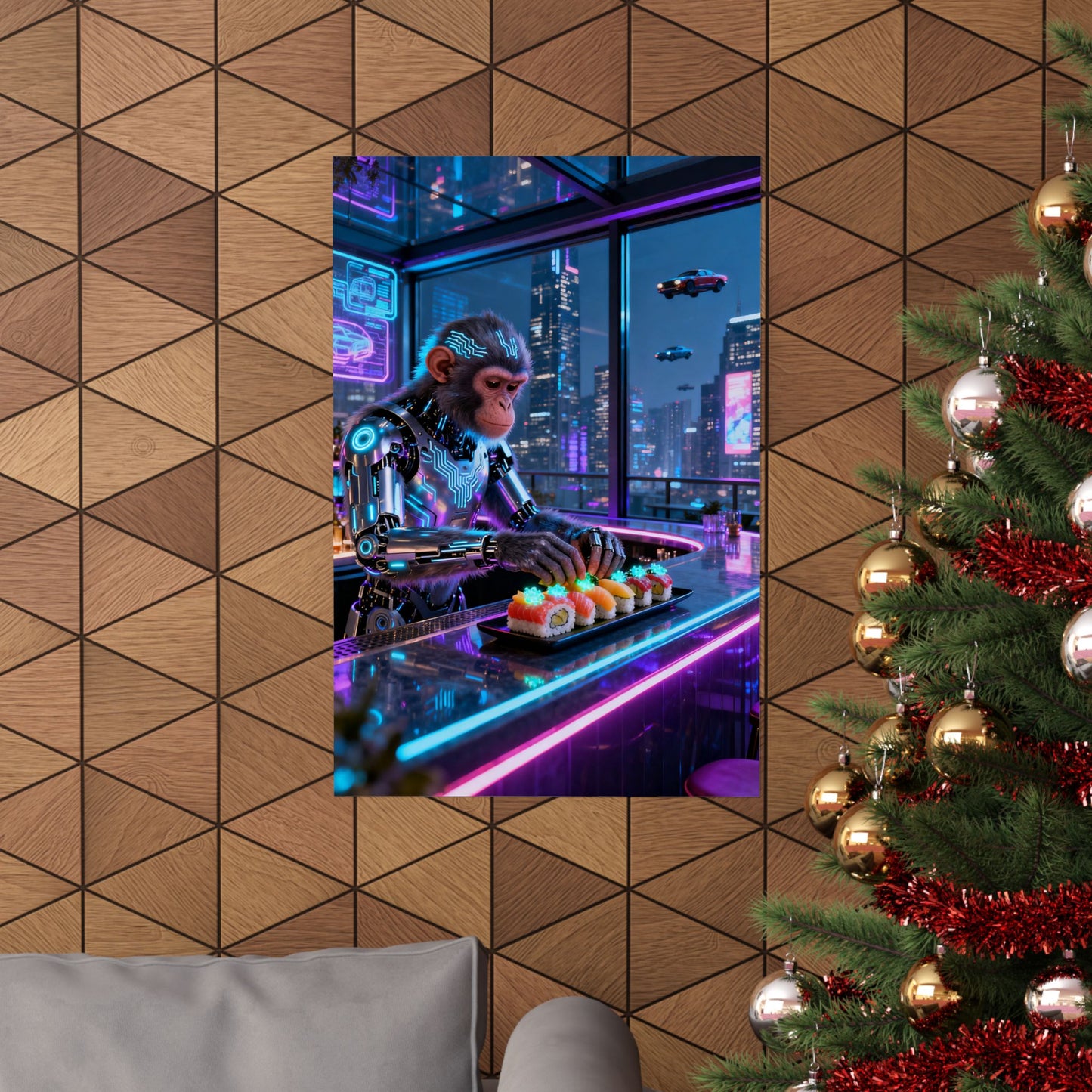Cyberpunk Robot Monkey Chef Poster — Neon City Sushi Matte Vertical Print