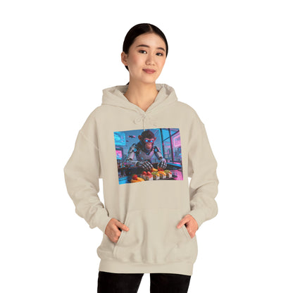 Cyberpunk Sushi Chef Hoodie — Neon Retro Streetwear Pullover