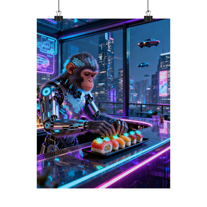 Cyberpunk Robot Monkey Chef Poster — Neon City Sushi Matte Vertical Print