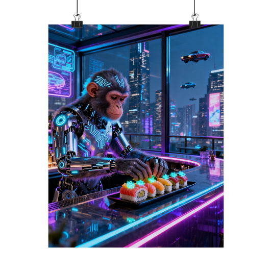Cyberpunk Robot Monkey Chef Poster — Neon City Sushi Matte Vertical Print