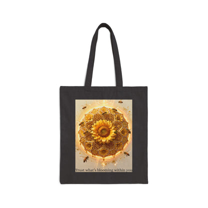 Sunflower Honey Mandala Tote Bag — "Trust what's blooming within you" Cotton Canvas Tote