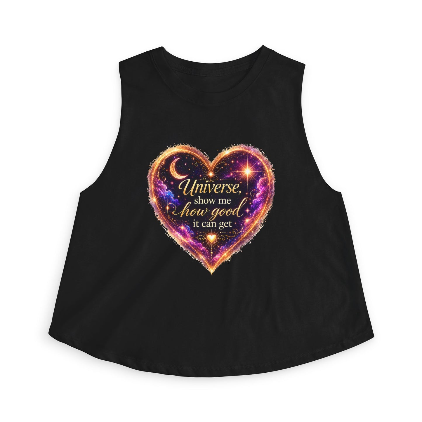 Astro Heart Crop Top — "Universe show me how good it can get" Spiritual Graphic Tank