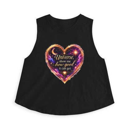 Astro Heart Crop Top — "Universe show me how good it can get" Spiritual Graphic Tank