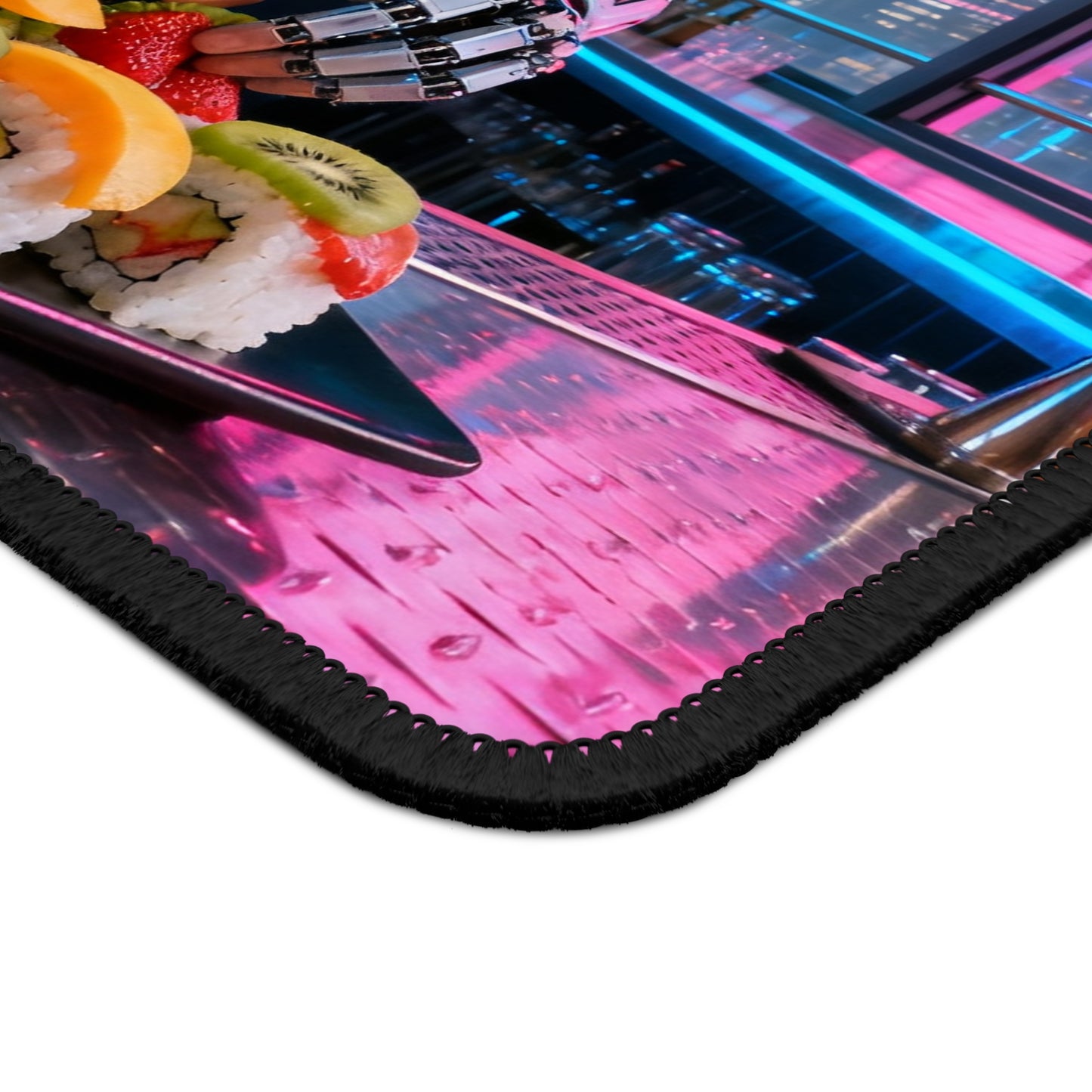 Cyberpunk Robot Monkey Sushi Chef Gaming Mouse Pad — Neon Sushi Arcade Bar Vibe