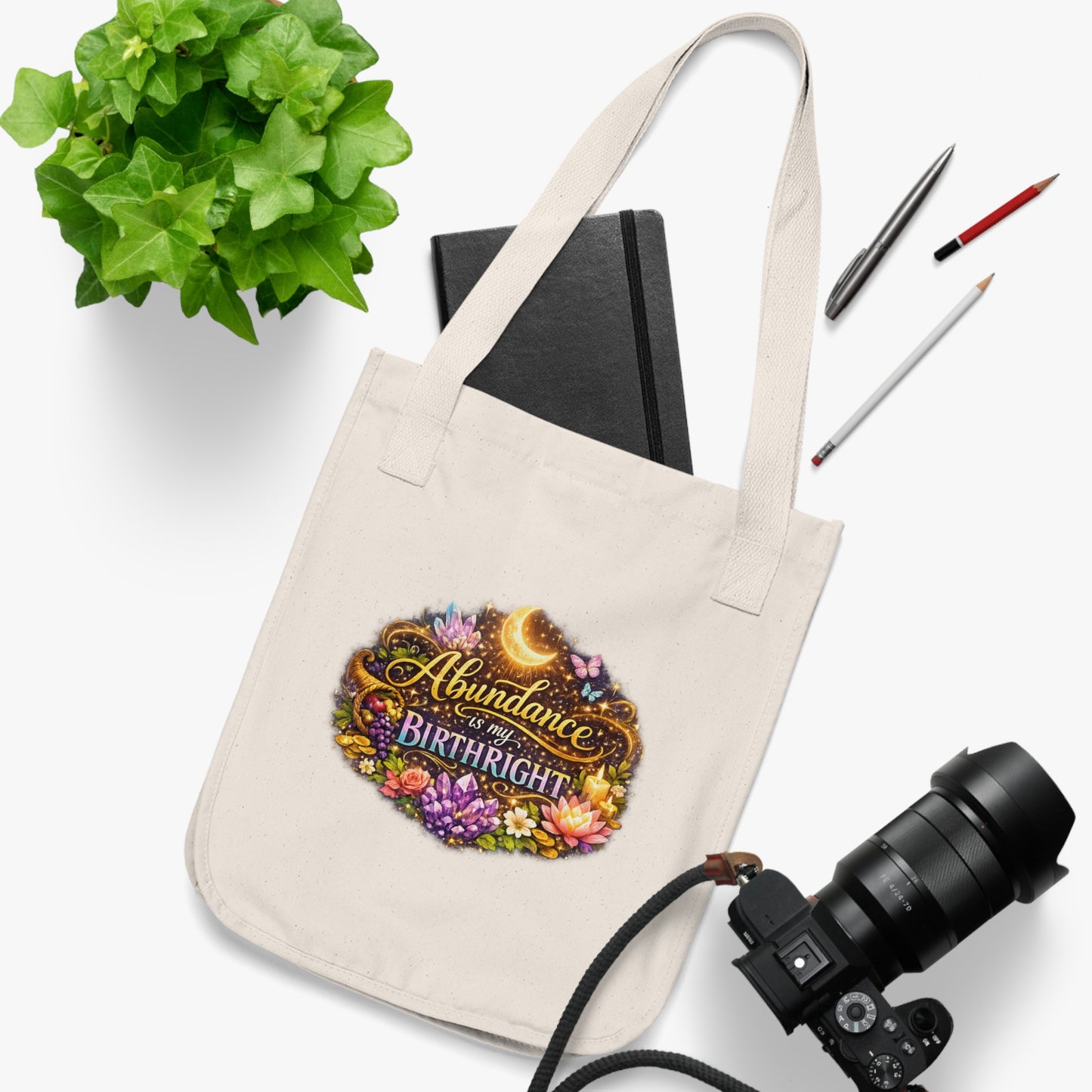 Tote Bag — "Abundance is My Birthright" Floral Moon Organic Canvas Tote