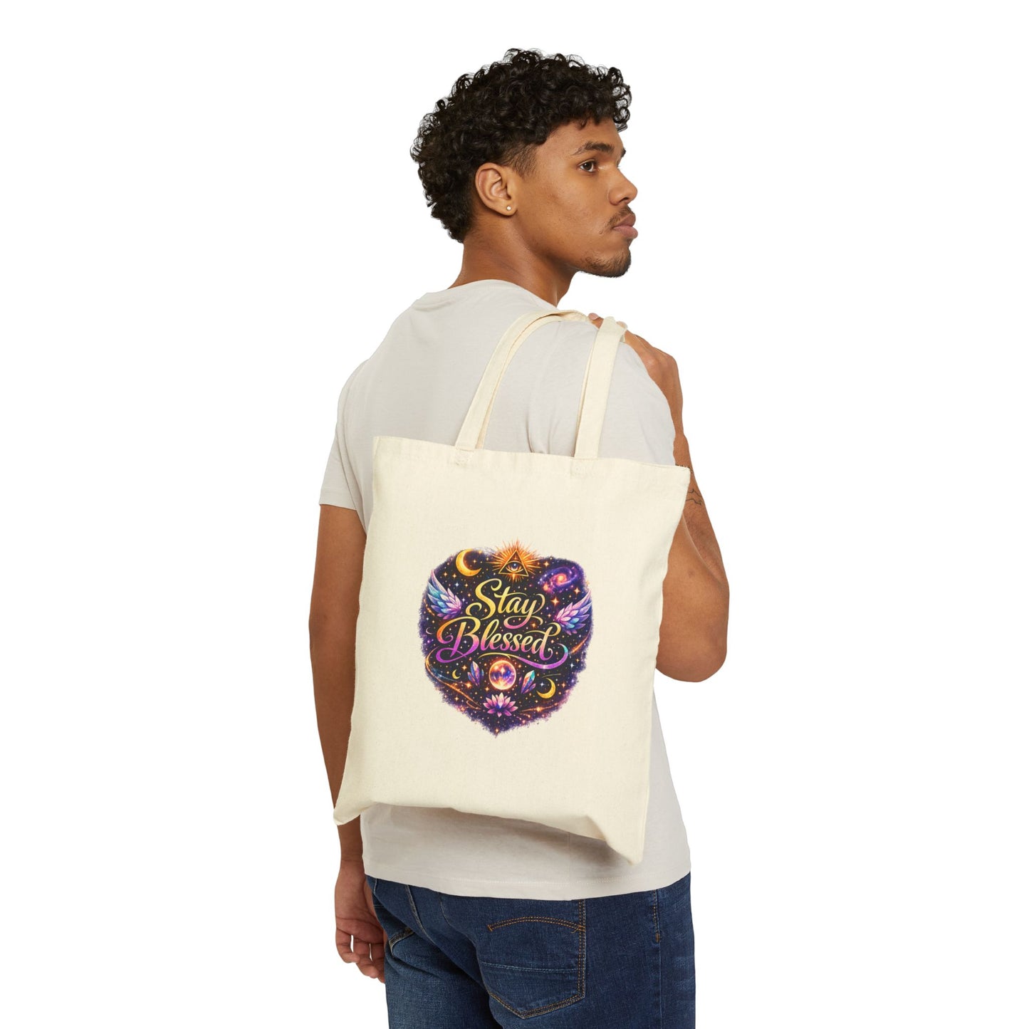 Stay Blessed Heart Canvas Tote Bag — Spiritual Boho Reusable Grocery & Gift Bag