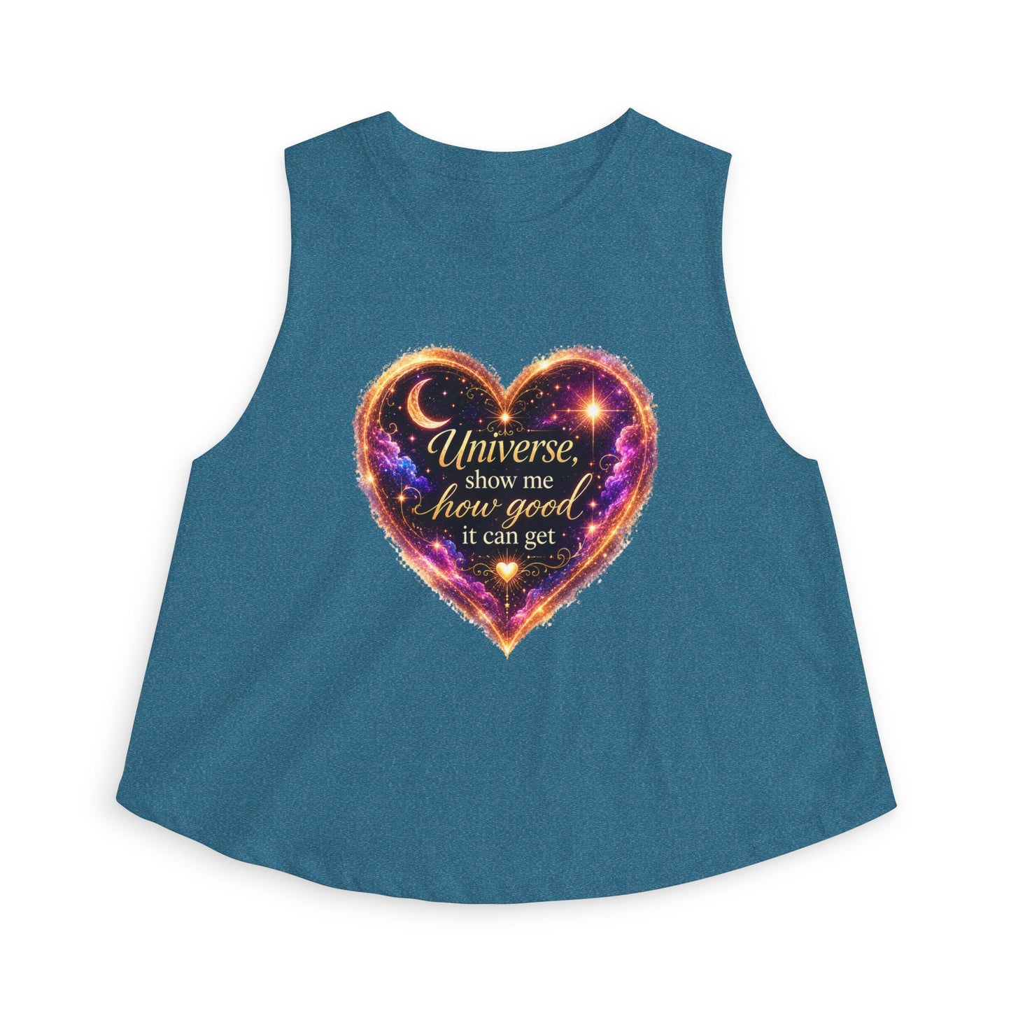 Astro Heart Crop Top — "Universe show me how good it can get" Spiritual Graphic Tank
