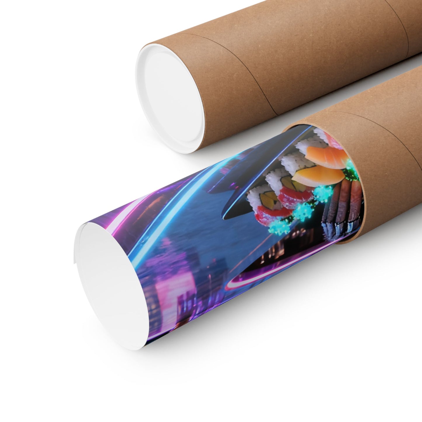 Cyberpunk Robot Monkey Chef Poster — Neon City Sushi Matte Vertical Print