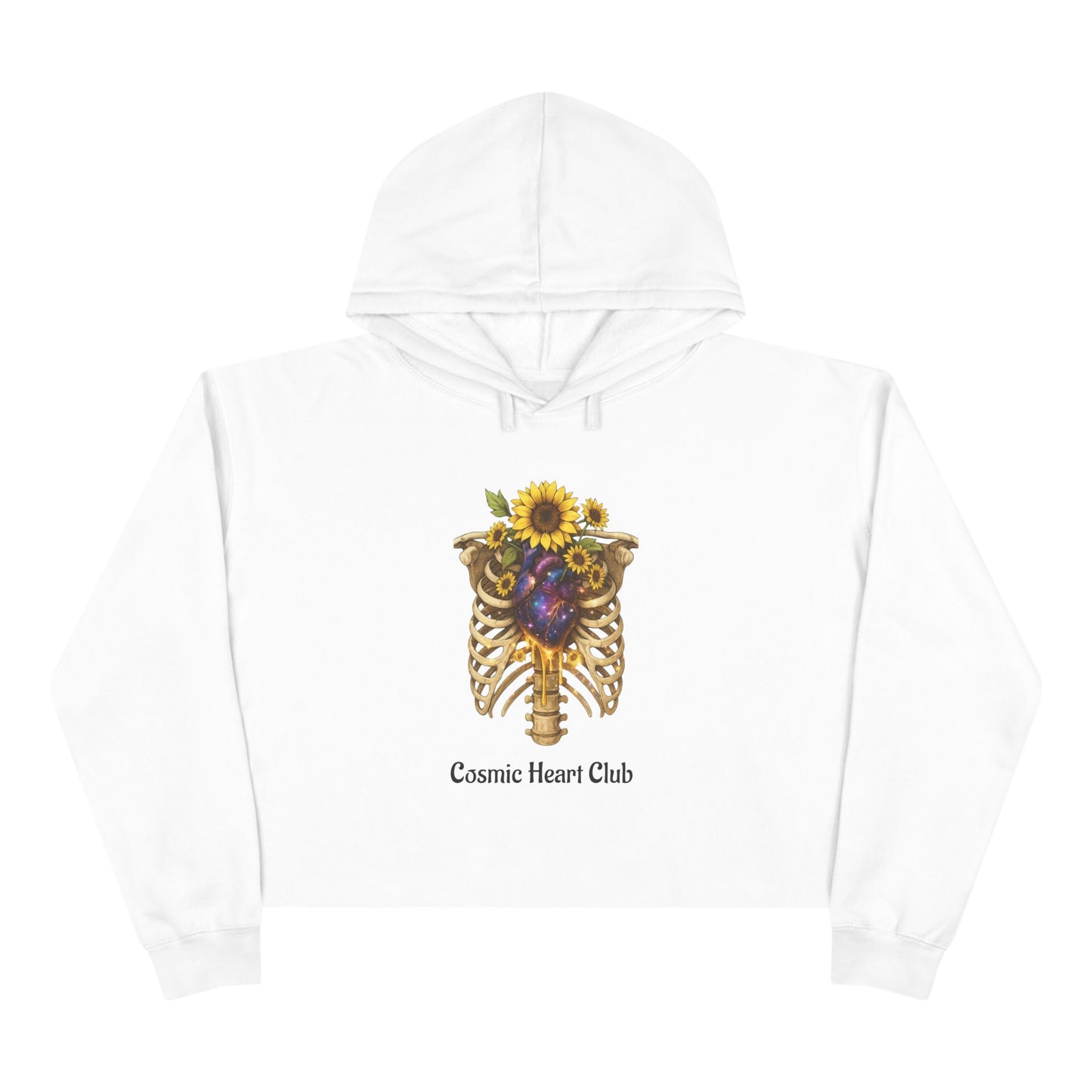 Cosmic Heart Club Crop Hoodie — Floral Sunflower Ribcage Graphic