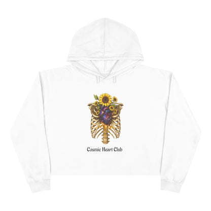 Cosmic Heart Club Crop Hoodie — Floral Sunflower Ribcage Graphic