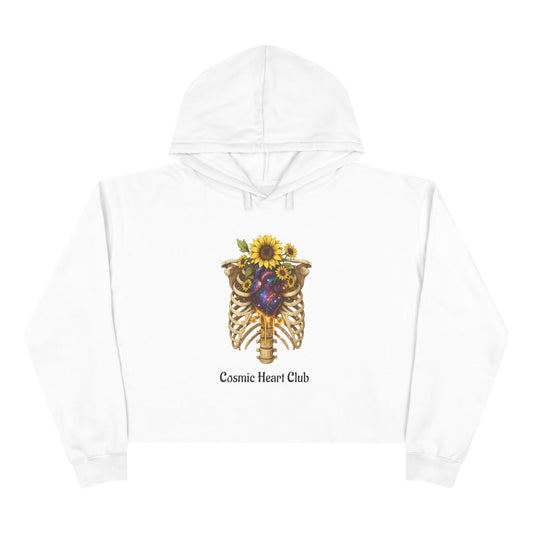 Cosmic Heart Club Crop Hoodie — Floral Sunflower Ribcage Graphic