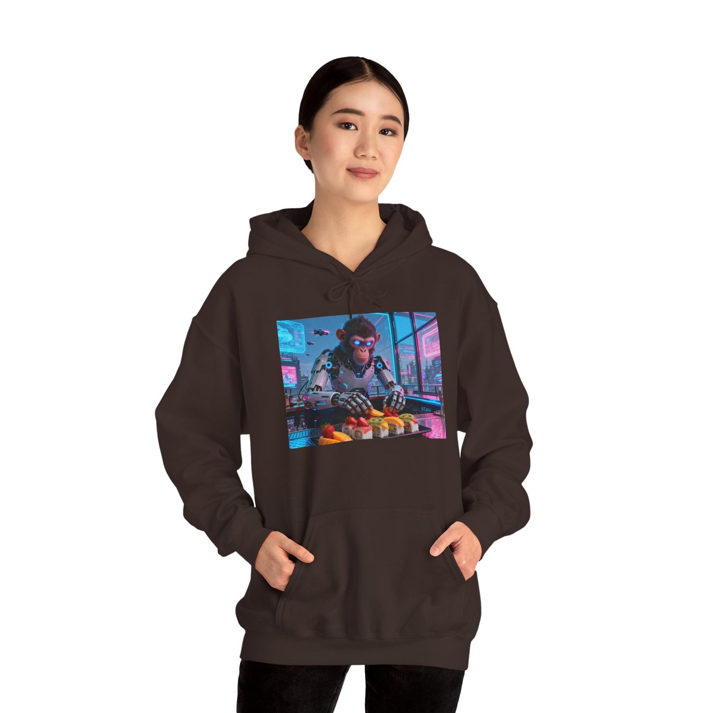 Cyberpunk Sushi Chef Hoodie — Neon Retro Streetwear Pullover