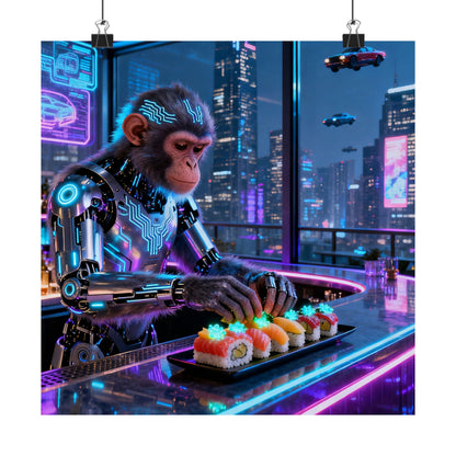Cyberpunk Robot Monkey Chef Poster — Neon City Sushi Matte Vertical Print