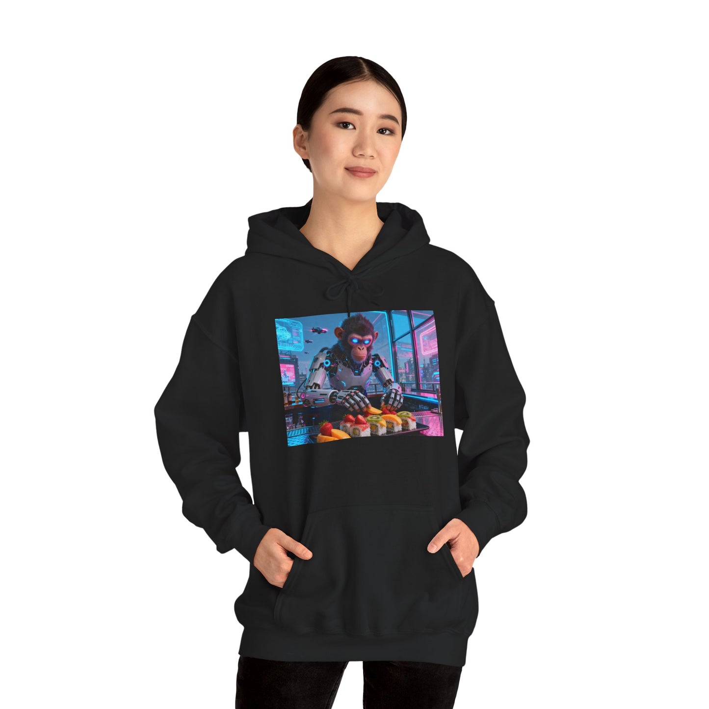 Cyberpunk Sushi Chef Hoodie — Neon Retro Streetwear Pullover