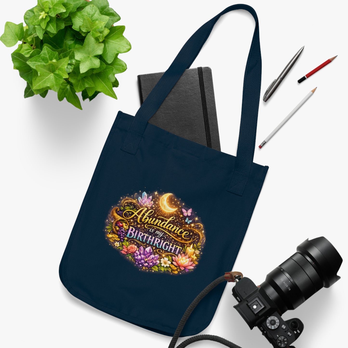 Tote Bag — "Abundance is My Birthright" Floral Moon Organic Canvas Tote
