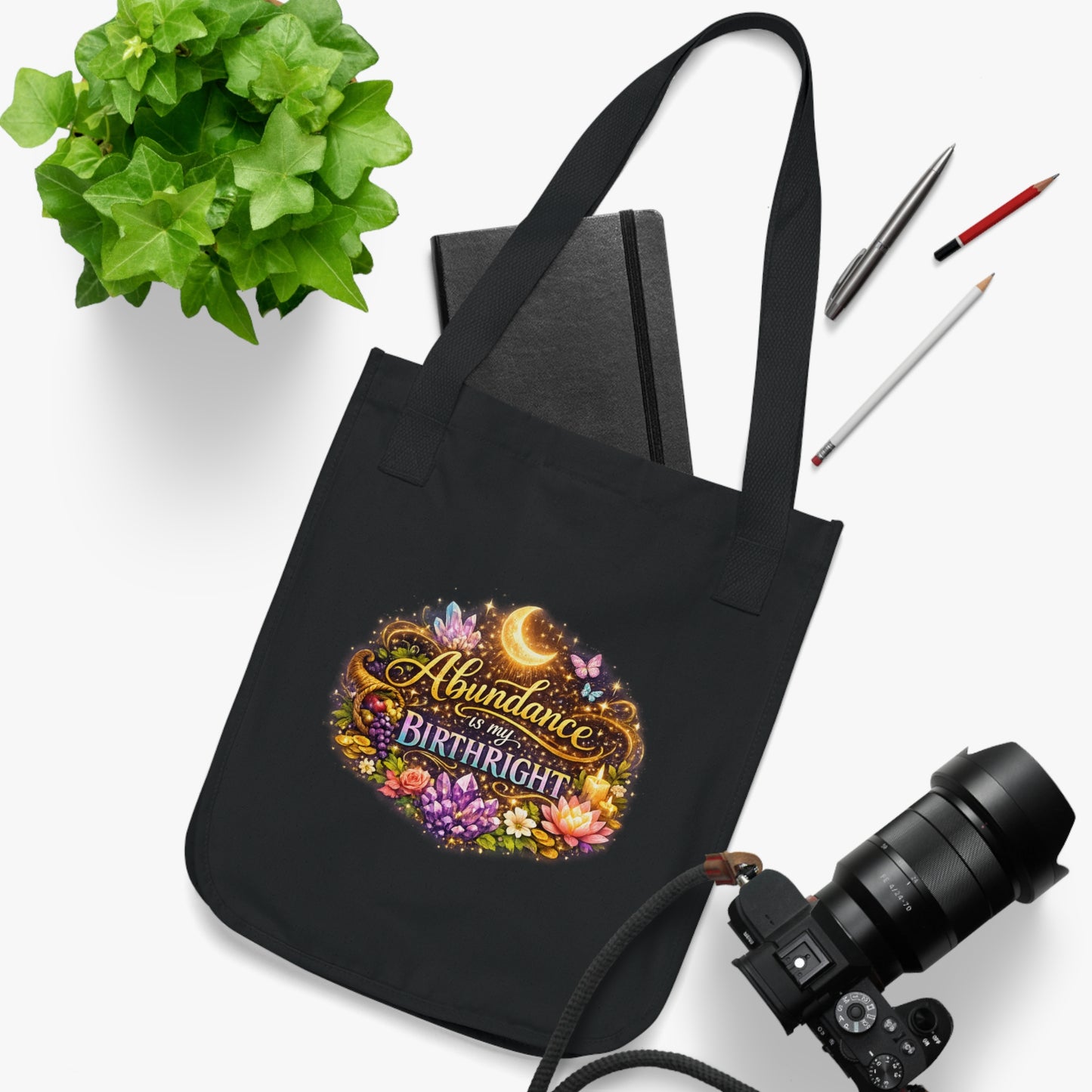 Tote Bag — "Abundance is My Birthright" Floral Moon Organic Canvas Tote