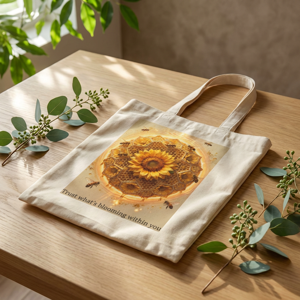 Sunflower Honey Mandala Tote Bag — "Trust what's blooming within you" Cotton Canvas Tote