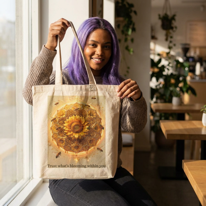 Sunflower Honey Mandala Tote Bag — "Trust what's blooming within you" Cotton Canvas Tote