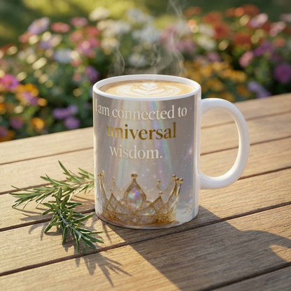 Inspirational Crown Mug – "I am connected to universal wisdom" Ceramic Coffee Cup