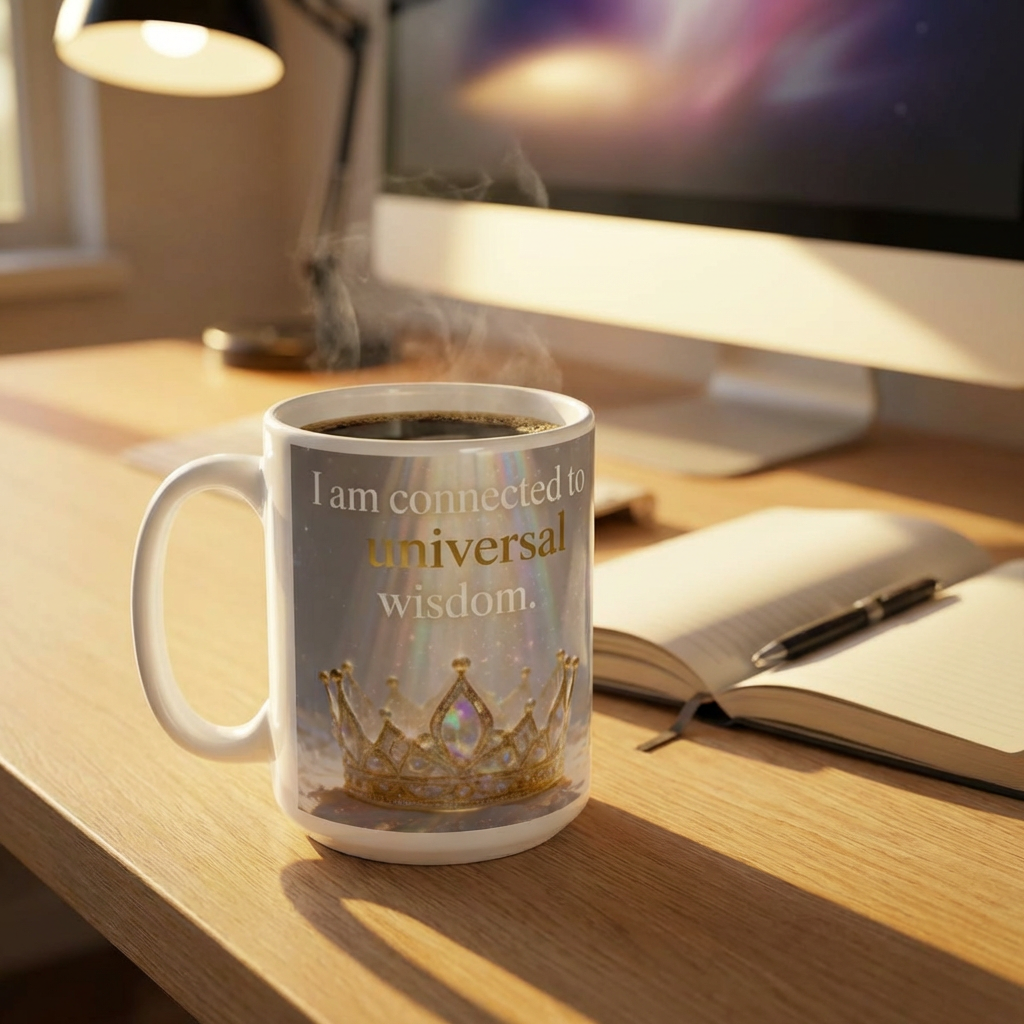 Inspirational Crown Mug – "I am connected to universal wisdom" Ceramic Coffee Cup