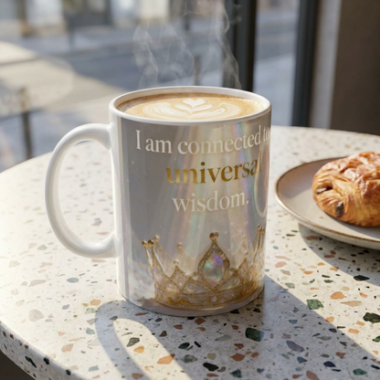 Inspirational Crown Mug – "I am connected to universal wisdom" Ceramic Coffee Cup