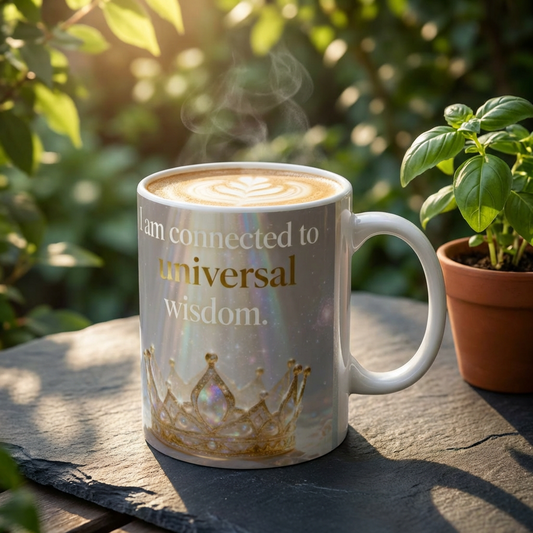 Inspirational Crown Mug – "I am connected to universal wisdom" Ceramic Coffee Cup