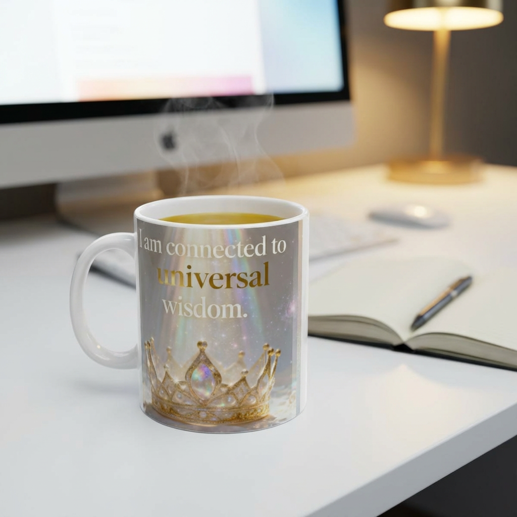Inspirational Crown Mug – "I am connected to universal wisdom" Ceramic Coffee Cup